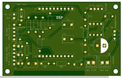 A tervezett PCB igy nez ki a KiCad softwareban.